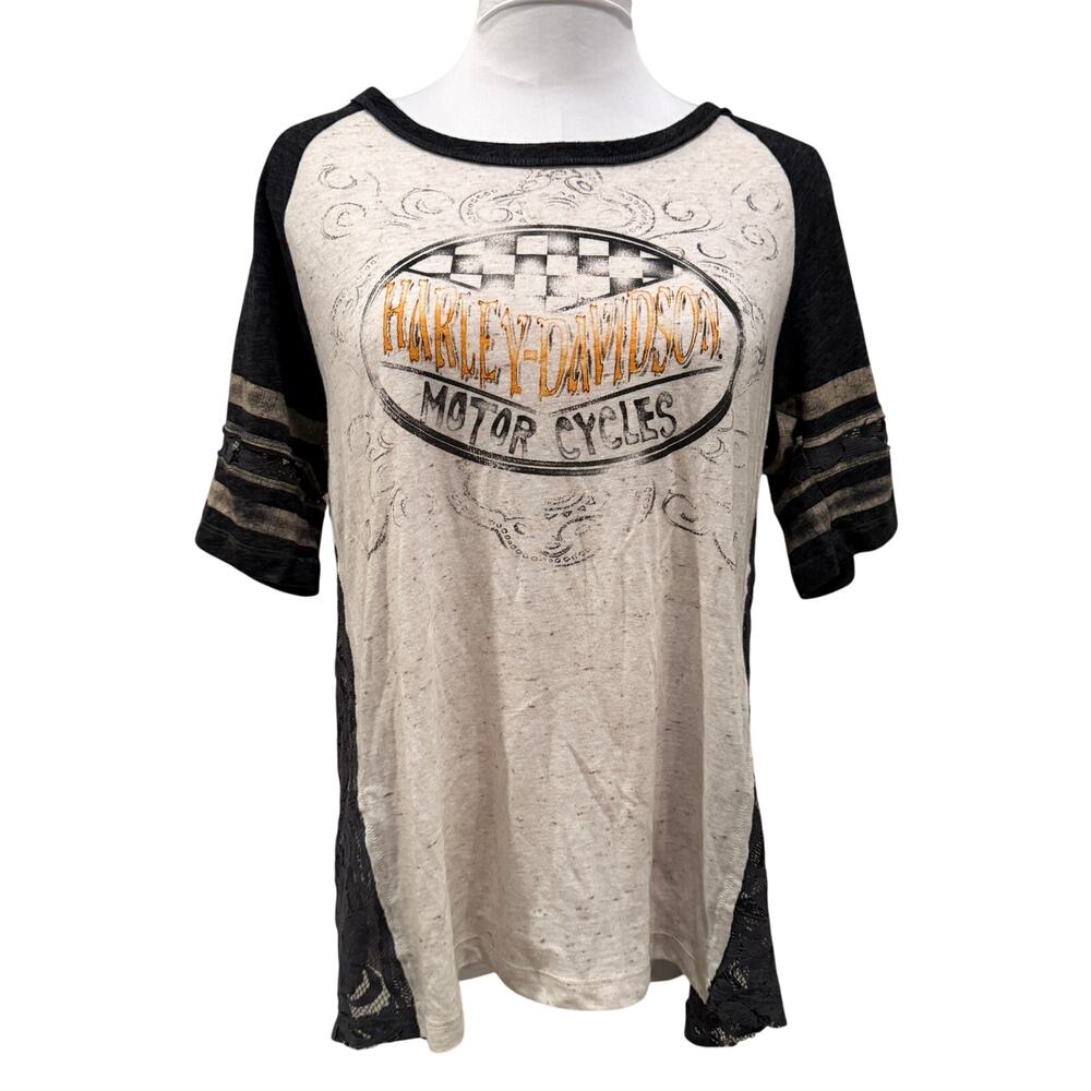 Harley Davidson Lace Side Graphic Moto Tee Mid Sleeve Top Medium Biker Grunge